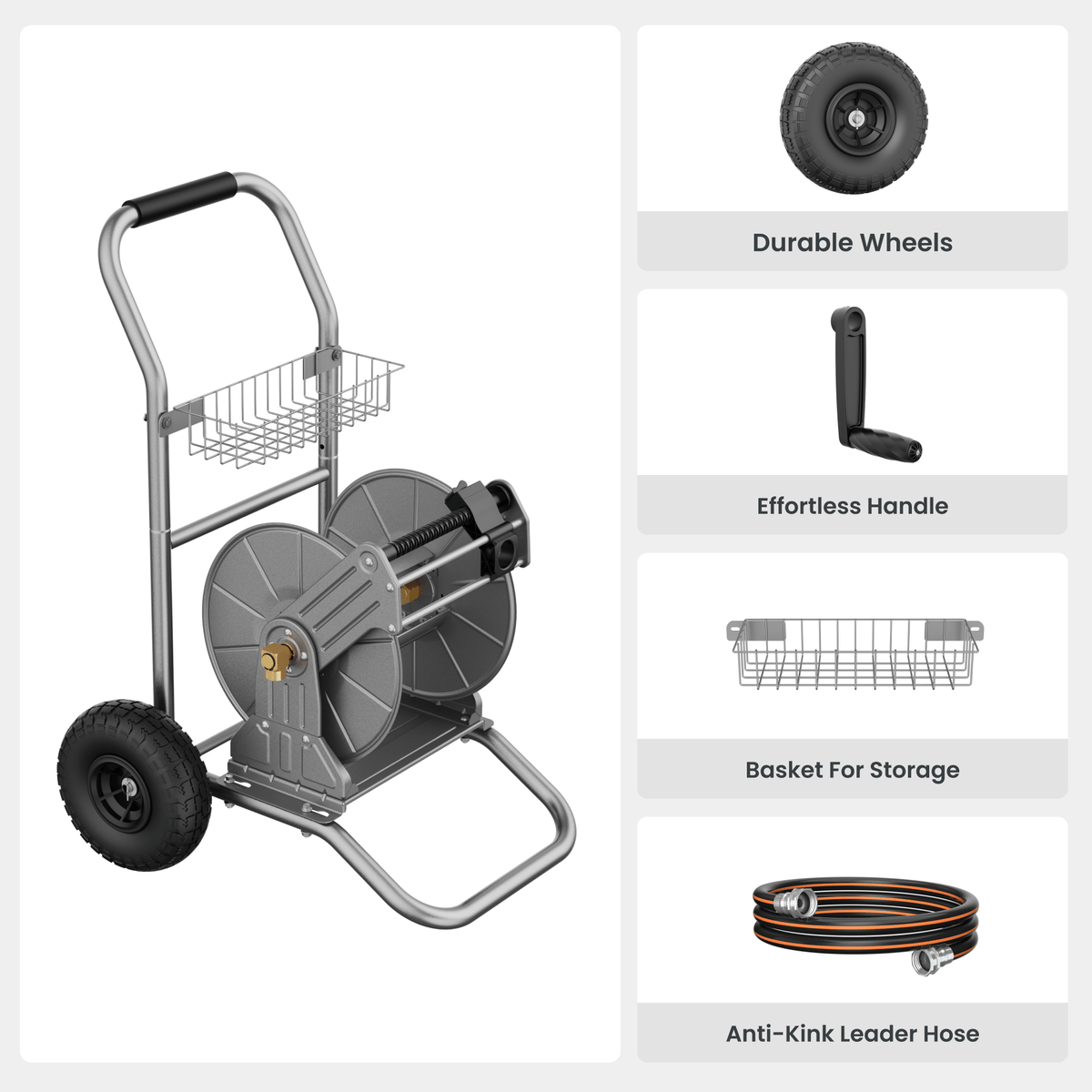 Garden Hose Reel Cart-2 Wheels-Stainless Steel-Heavy Duty